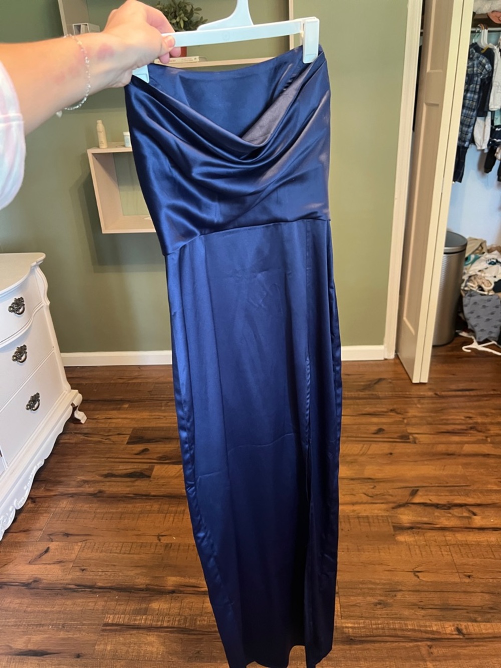 Navy Satin Strapless Evening Gown